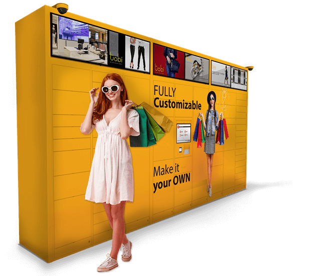 Photo of a yellow smart locker with a woman carrying shopping bags