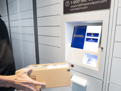 Photo of a person scanning a package at a ParcelPort smart locker
